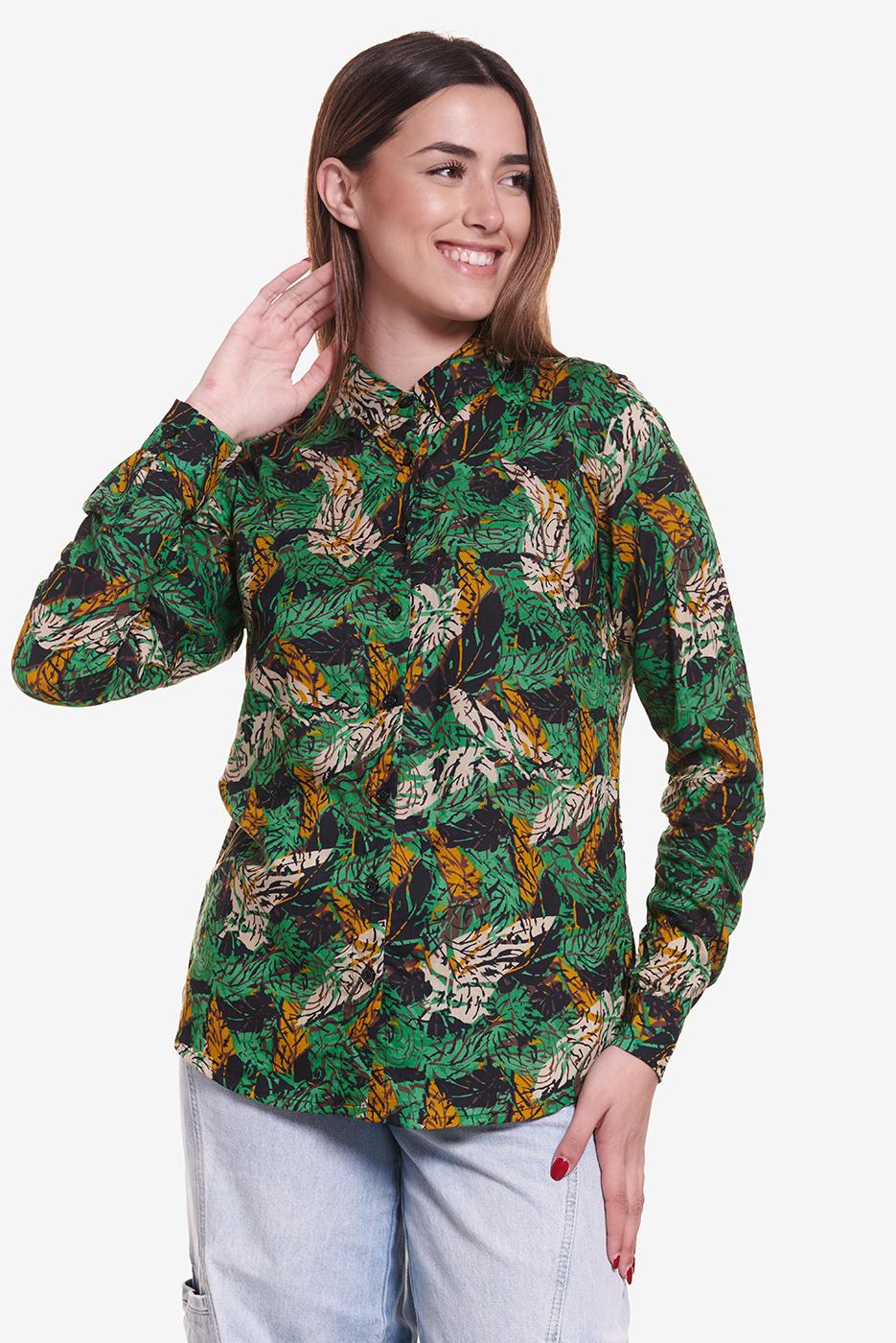 camisa de manga larga con estampado hojas verdes